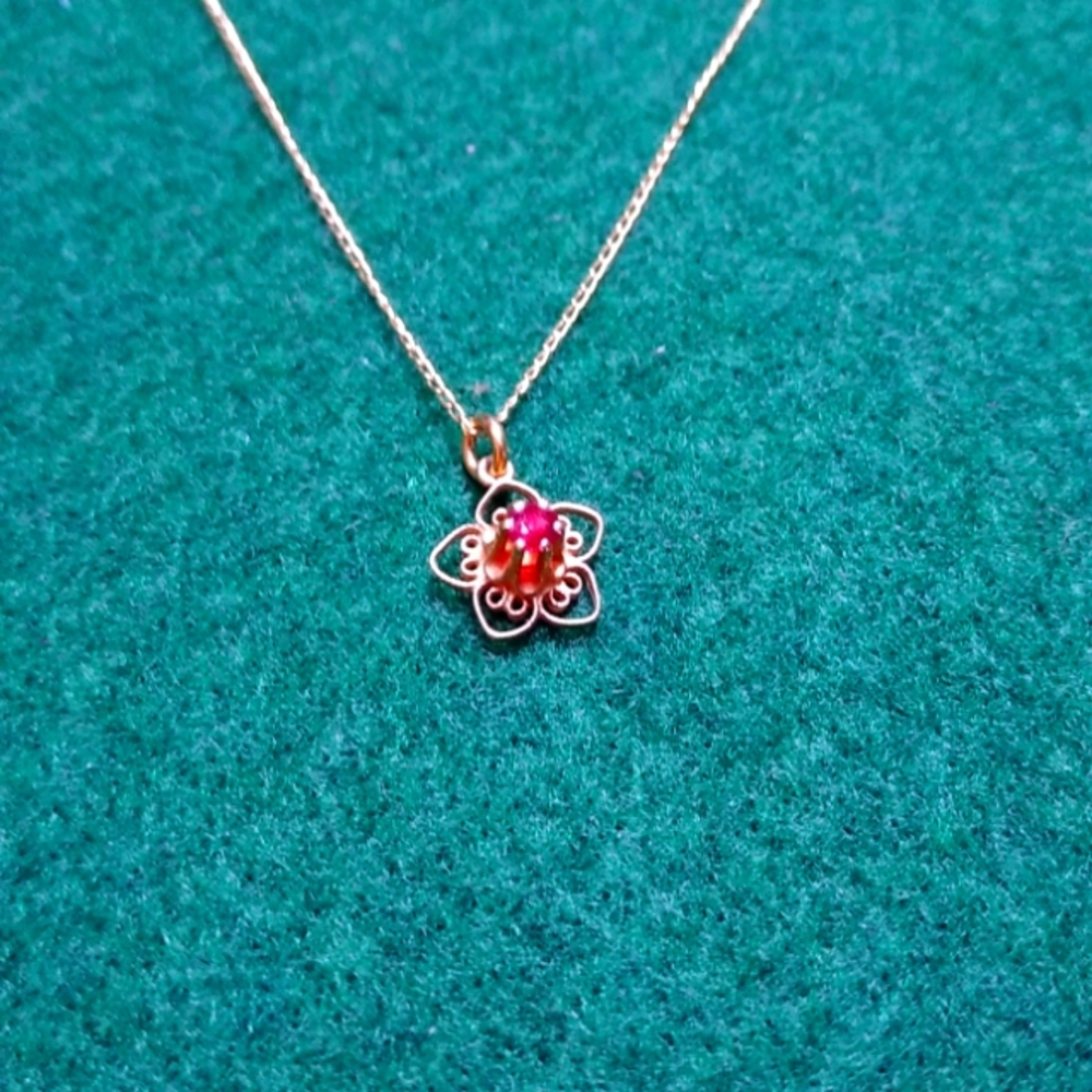 Yellow Gold and Natural Ruby Necklace 18" Very Delicate